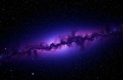 A galaxy seen almost edge-on runs left to right in purple light, a ragged band of dust splitting it lengthwise.
