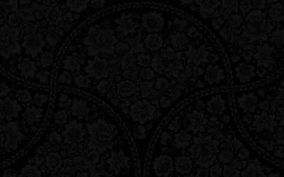 Wide arcs of a damask floral repeat cross a tapestry-like ground, the whole pattern held one shade off black so only the raised thread catches light.