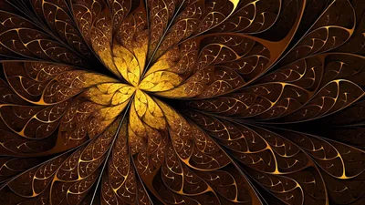 A fractal bloom of gold and copper filigree spirals out from a bright centre flower, set against near-black around the edges.