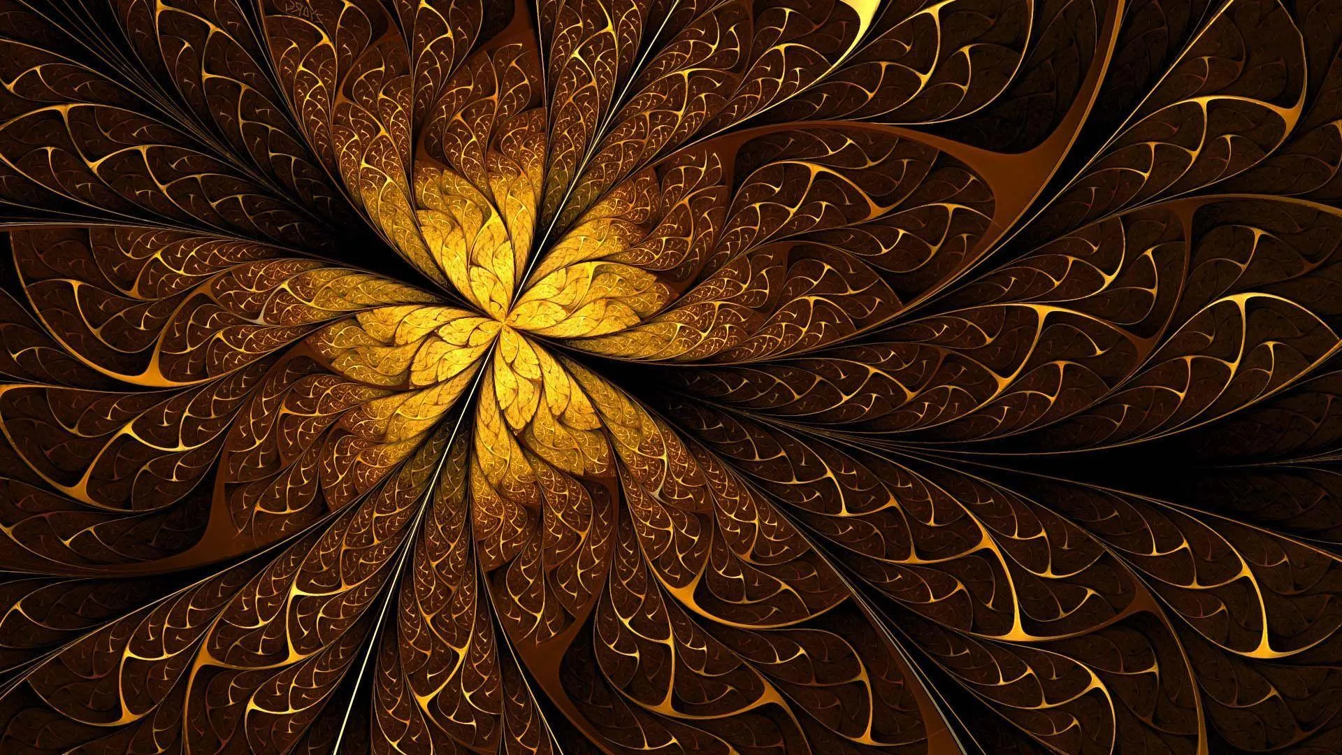 A fractal bloom of gold and copper filigree spirals out from a bright centre flower, set against near-black around the edges.