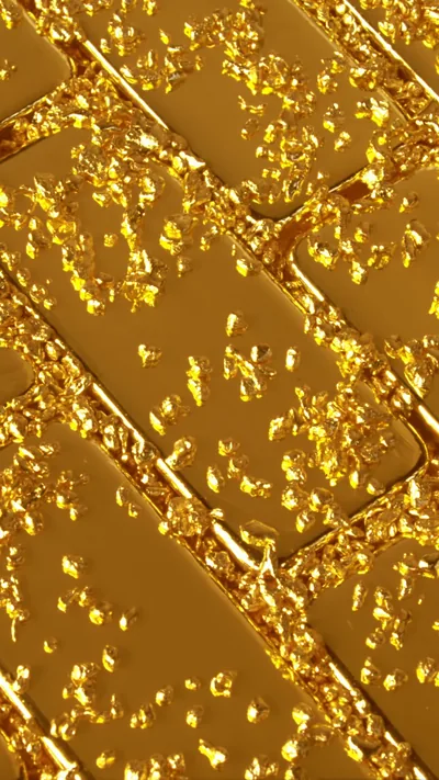 Polished gold bricks laid on a diagonal, strewn with loose foil flakes that catch the light in this tall phone-shaped frame.