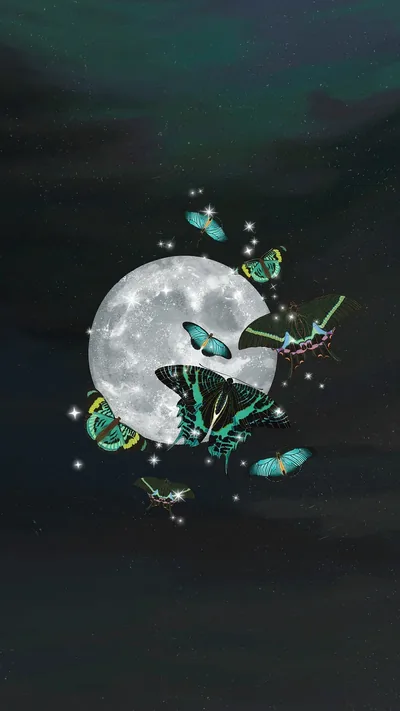 Teal butterflies scatter across a full moon on a dark green night, sparkles trailing between them in this fantasy illustration.