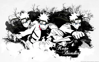 Three identical ninja charge forward in splattered black ink over white, the Kage Bunshin lettering scrawled in the bottom right corner.