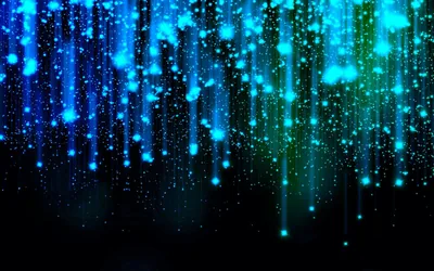 Streams of glowing particles fall like rain from the top, cooling from green at the right to deep blue at the left.
