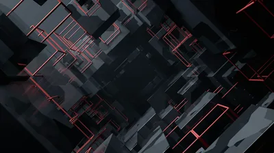 A tunnel of grey geometric blocks lit by thin red circuit lines, the centre receding into deep shadow.