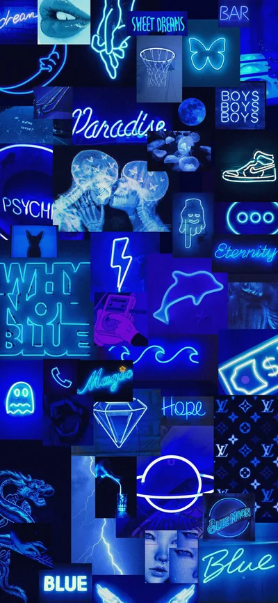 A wall-to-wall grid of blue neon signs — dolphin, lightning bolt, sneaker, diamond, and script words — packed edge to edge with no dark resting space.