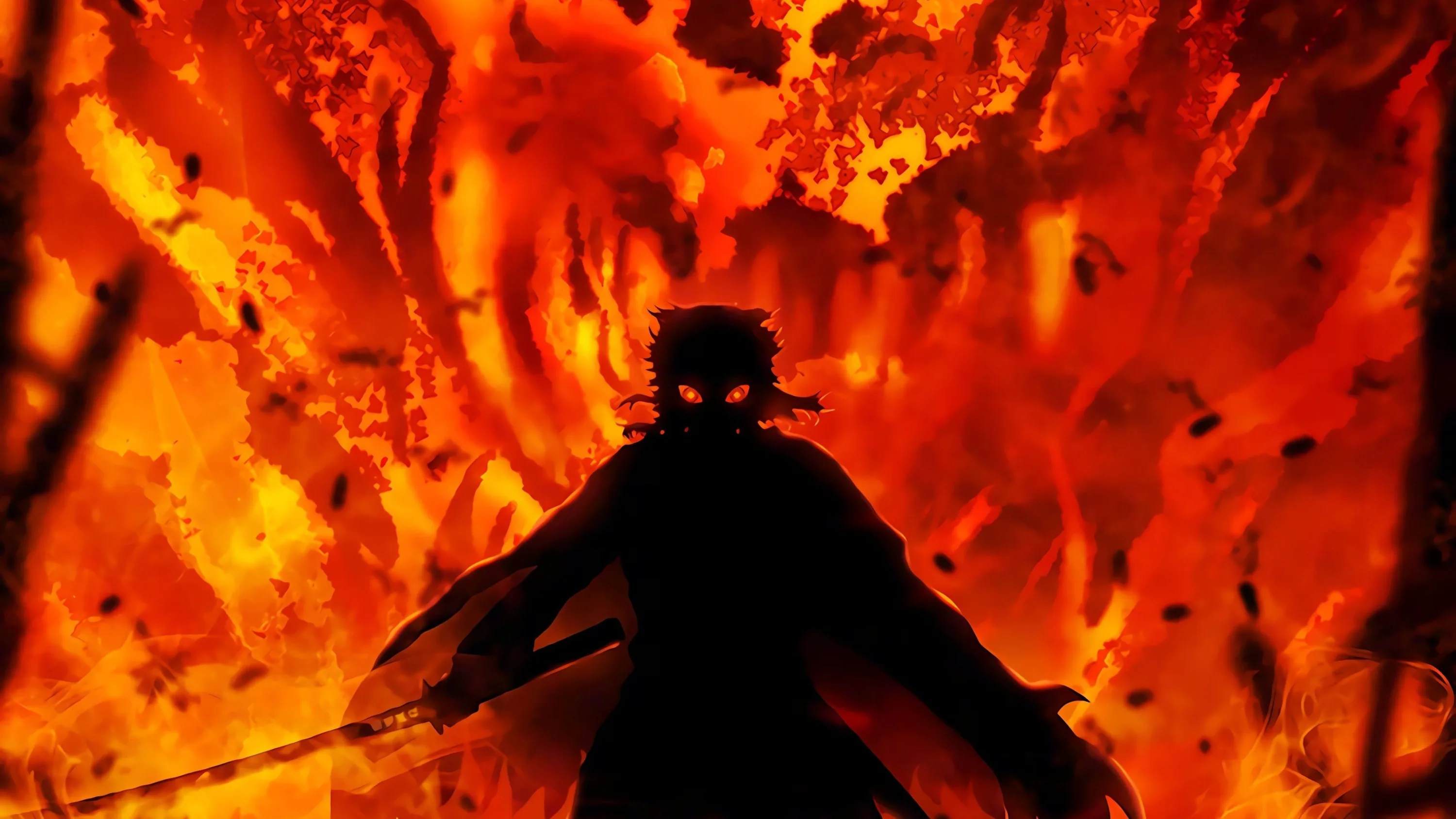 Nothing but a black outline and a drawn blade in the foreground; behind it the whole frame is orange flame climbing through burnt beams.