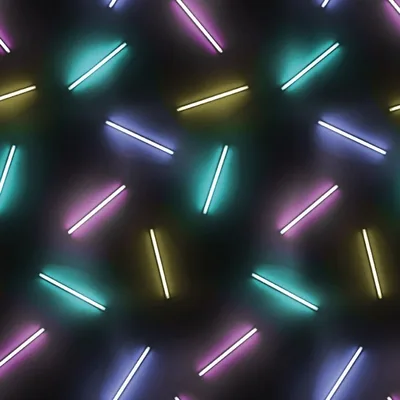 Short glowing tubes in teal, lavender, pink and pale yellow scatter evenly across near-black — a repeating pattern that reads the same behind app icons.