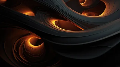 Wide charcoal ribbons coil into three spirals, each one lit from inside with amber so the light shows only through the openings.