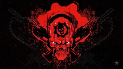 The Gears of War skull crest is stencilled in red on black, splatter and crossed weapons breaking up its outline.