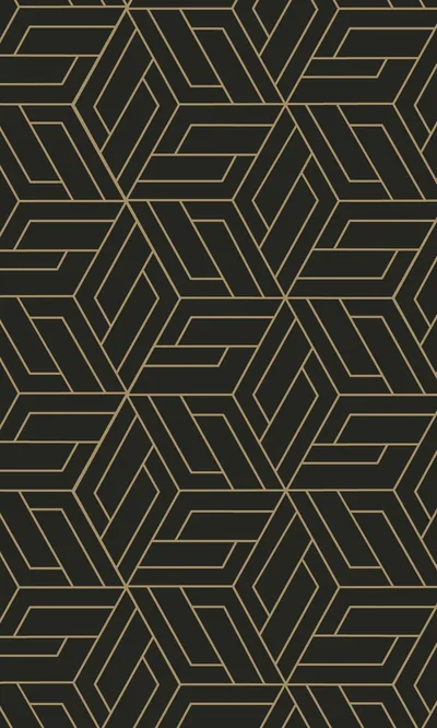 Thin gold lines trace interlocking hexagons and cubes across a deep black ground, the repeat tight enough to read as an art deco print.