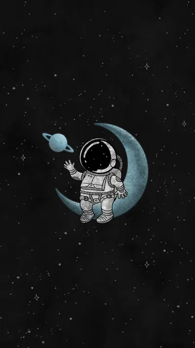 A hand-drawn astronaut leans off a crescent moon to catch a tiny Saturn, sketched in white and slate on a black field scattered with pencil stars.