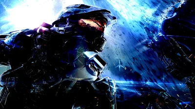 The green-armoured Spartan turns from a battle in orbit, blue light and debris filling the space behind the visor.