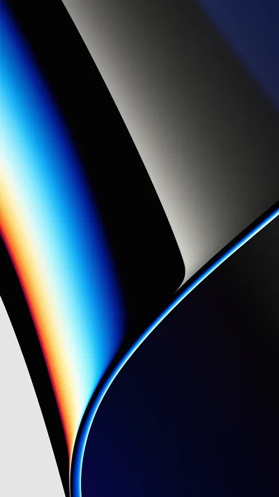 A glossy dark sheet curves through the frame, its edge splitting into a thin band of orange, blue and white like light through a prism.