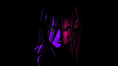 Two long-haired figures share the centre of the frame, one washed in purple and the other in red, everything around them dropping to black.