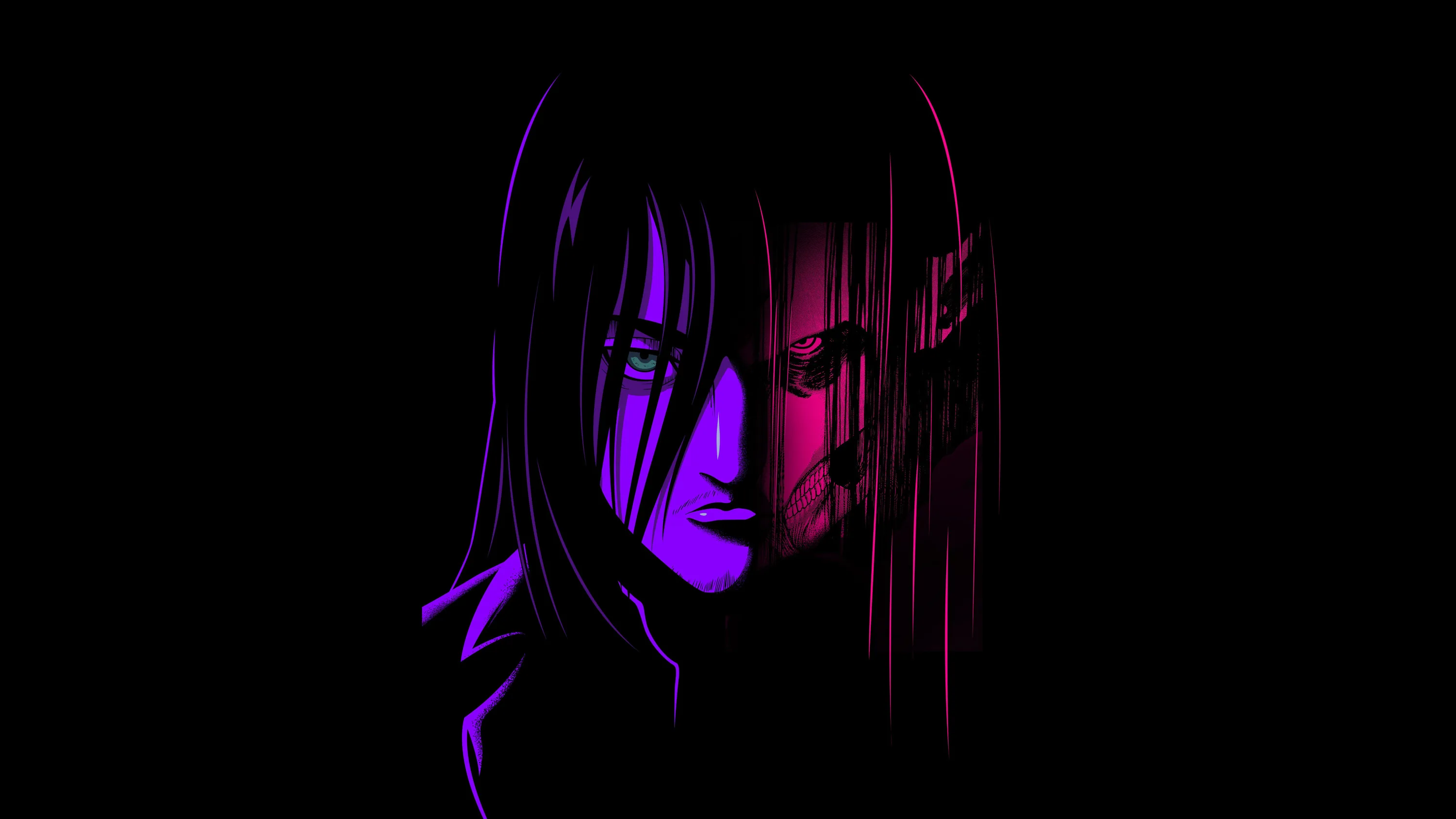Two long-haired figures share the centre of the frame, one washed in purple and the other in red, everything around them dropping to black.