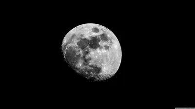 A waxing gibbous moon photographed against true black, its craters and dark maria sharp — the empty background suits OLED desktops.