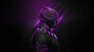 An armoured panther figure stands in three-quarter profile, violet light tracing the mask, shoulders and claw marks.