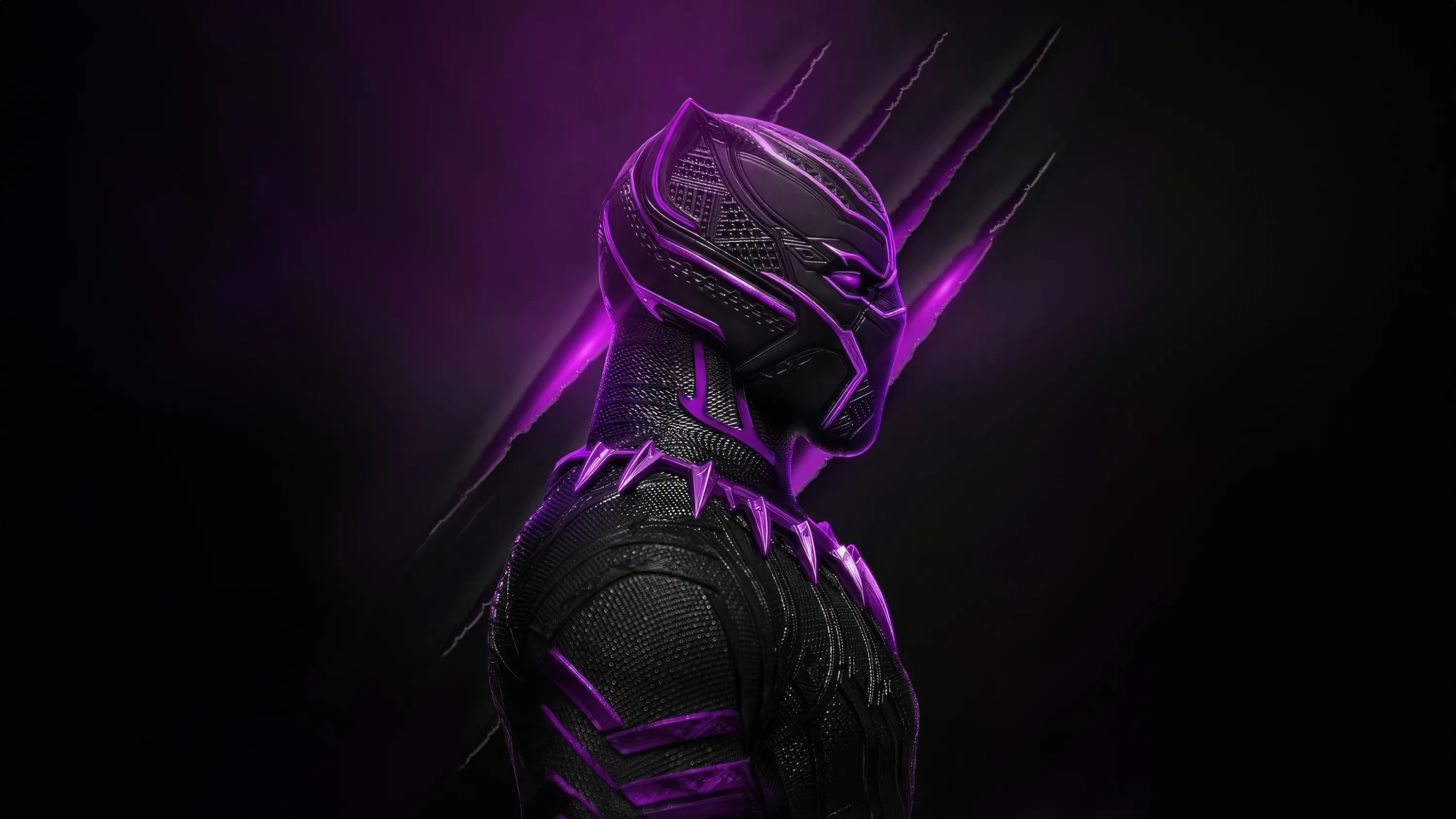 An armoured panther figure stands in three-quarter profile, violet light tracing the mask, shoulders and claw marks.