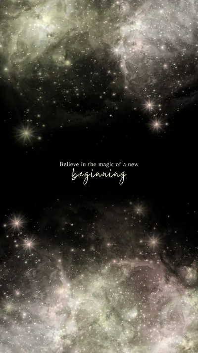 Pale grey-green cloud and clustered stars frame a dark centre band, where a short line about a new beginning is written in thin script.