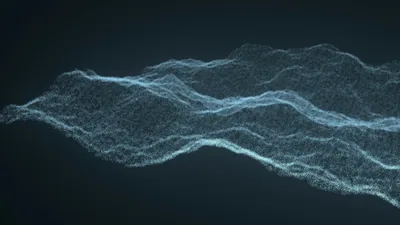 Thousands of small blue points form a rolling wave through the middle of a dark grey field, thinning to nothing at both ends.