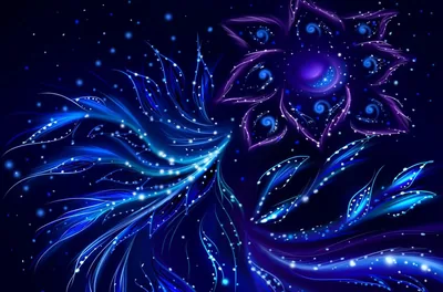 An ornate stylised bloom sits in the top right corner surrounded by feathered leaves, the whole drawing dusted with tiny white sparkles on midnight blue.