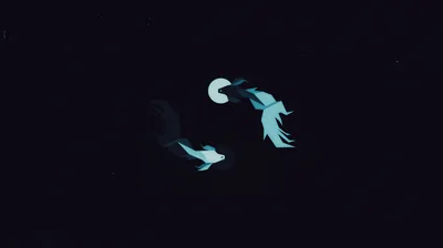 Two ghost-white fish curve around a small crescent in deep navy, their fins dissolving into the dark water around them.