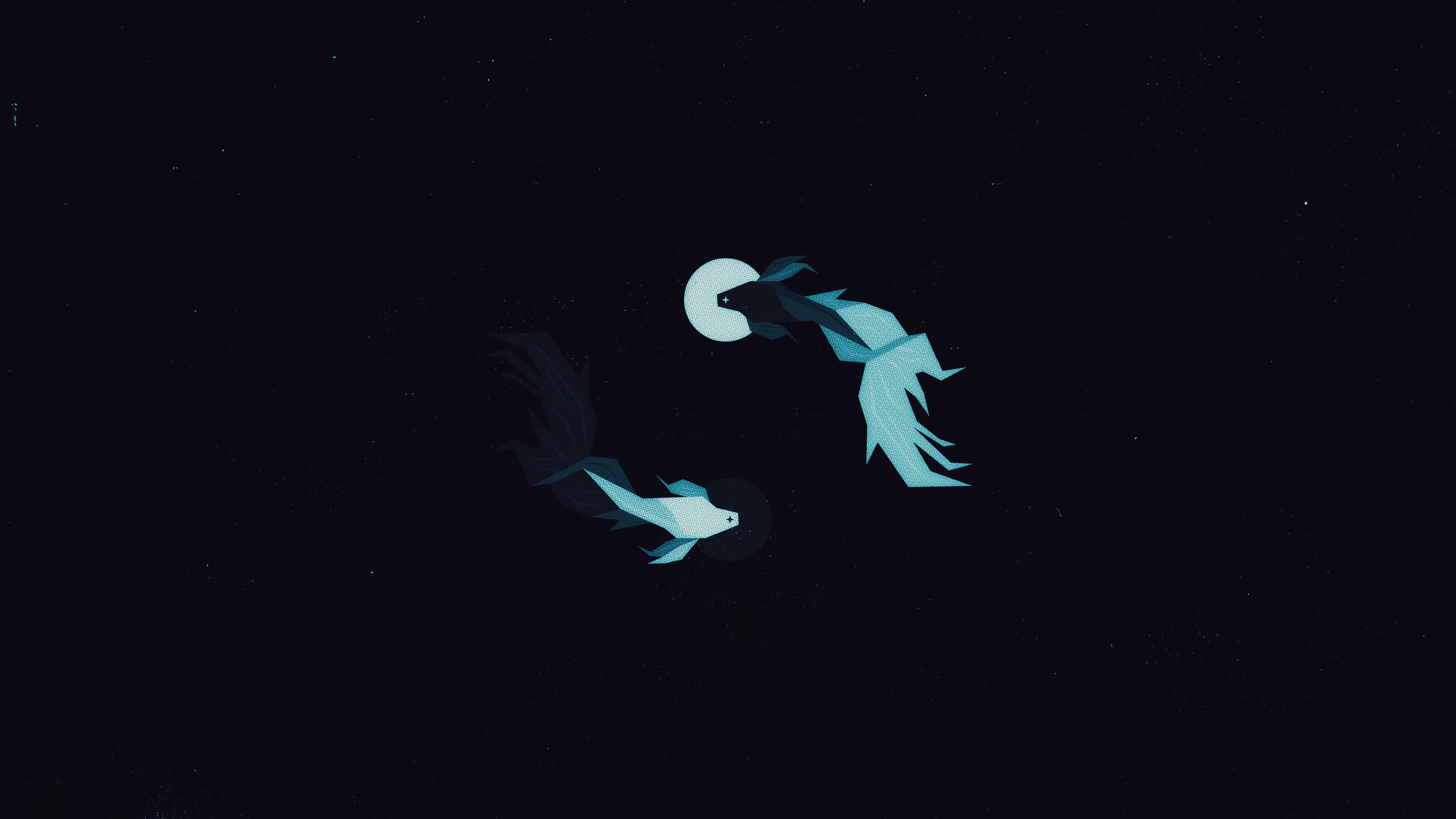 Two ghost-white fish curve around a small crescent in deep navy, their fins dissolving into the dark water around them.
