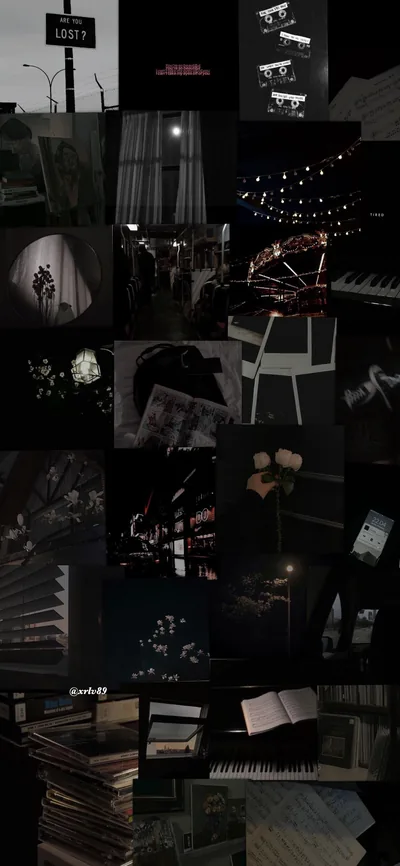 Dozens of dim night shots — string lights, empty chairs, a lit window — tiled into a tall column that barely rises above black.