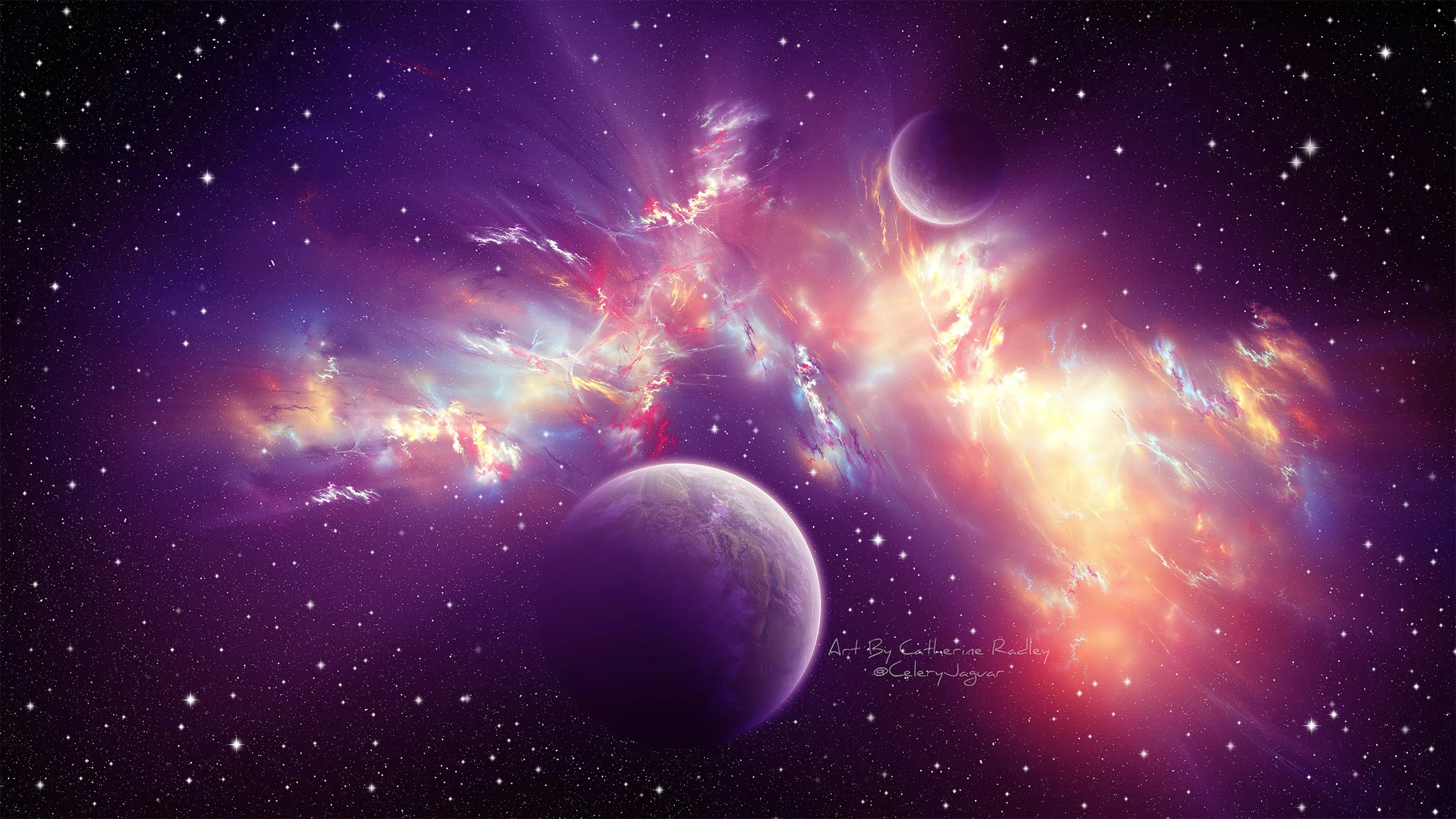 A pink and orange nebula erupts across a violet star field, one dark moon low on the left and a smaller crescent high on the right.