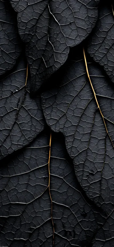 Layered dry leaves in near-black, thin gold veins branching across each one — a close macro with no background visible.