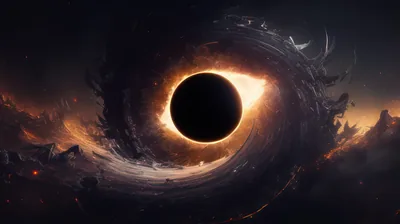 An orange fire rim circles the black disc while dark smoke arms spiral around it, dim rocky peaks just visible along the bottom edge.