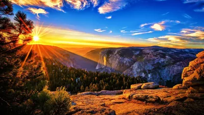 From a rocky rim the low sun throws long rays down a forested granite canyon, heavy HDR colour in the clouds and warm stone up front.