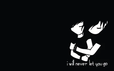 A stark white cartoon couple embrace at the right of a black frame, the line i will never let you go set small in the corner.