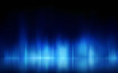 Tall bars of blue light rise like an equalizer readout from the bottom edge, their glow fading out before it reaches the black upper corners.