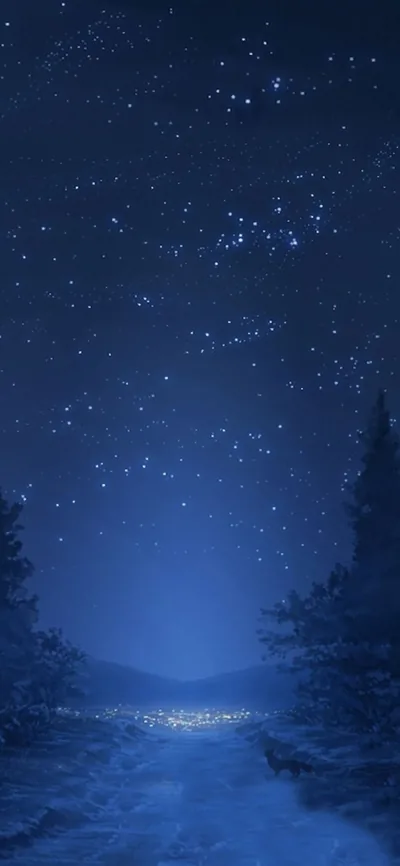 Winter pines frame a snowy valley under a deep blue star-filled sky, a thin line of village lights glowing along the valley floor.