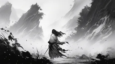 A lone swordsman strides through tall grass in a sumi-e landscape, mountains washing out to white behind him and petals blowing to the left.