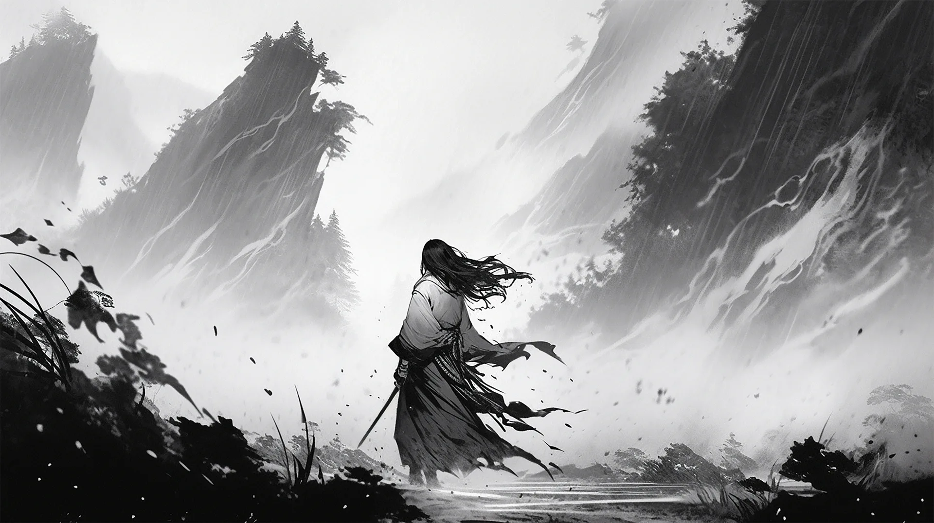 A lone swordsman strides through tall grass in a sumi-e landscape, mountains washing out to white behind him and petals blowing to the left.
