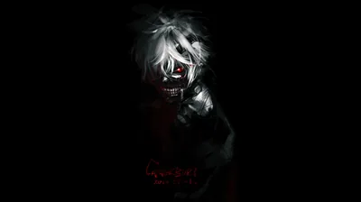 White hair and a bloodied grin lit from the left, red kanji glowing faintly near the bottom, the rest of the frame kept in near-total black.