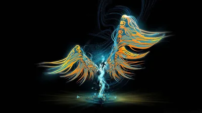 A pair of feathered wings spread wide in orange and gold, a column of teal flame rising between them out of solid black.