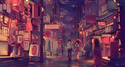 An anime-style street glows in warm orange lantern light, a couple sharing an umbrella at centre and a woman in kimono at the right edge.
