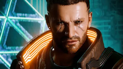 A bearded merc glares past the camera, orange-lit collar armour below and a teal wireframe glow filling the left edge behind him.