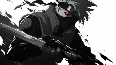 Kakashi grips a drawn blade in near-total greyscale, one red eye the only colour, his cloak tearing off into black ink streaks on a white ground.