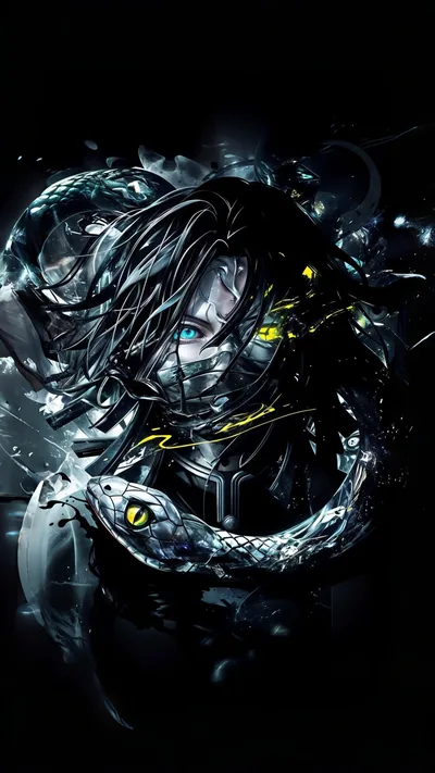 Yellow-eyed serpents wind through flowing hair in cracked glass and dark water, blue and black filling every corner.