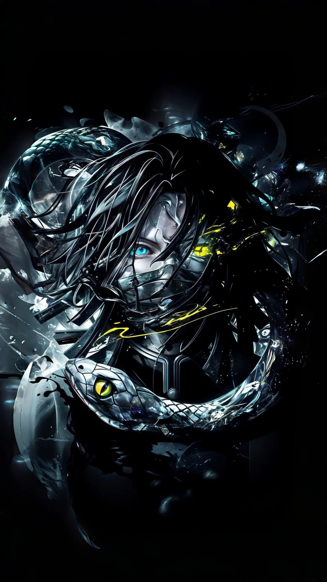 Yellow-eyed serpents wind through flowing hair in cracked glass and dark water, blue and black filling every corner.