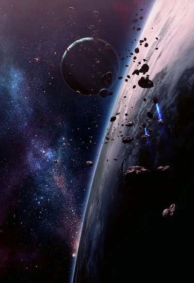 CGI scene of asteroids drifting past a shadowed planet's curved horizon, a cratered moon above; the darker lower half leaves room for phone icons.