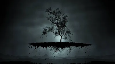 A leafless tree grows from a chunk of earth suspended in mid air, soil crumbling off the underside into a hazy grey landscape below.