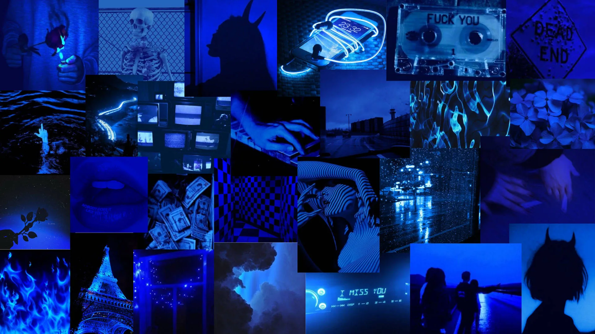 A grid of small blue-tinted photos - neon signs, night rooms, flames and silhouettes - tiled edge to edge in a single dark blue colour cast.