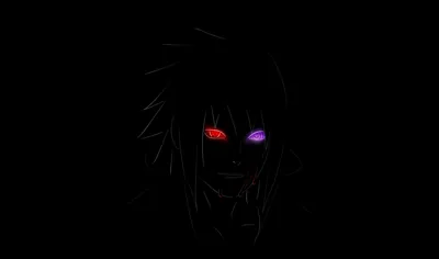 One red and one violet eye stare out of a black frame, the face around them suggested only by a faint outline of hair and jaw.