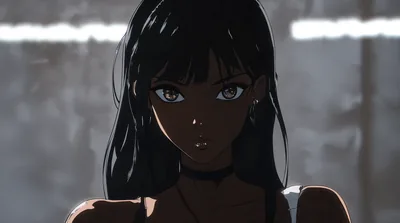 She leans forward in a black top and choker, soft grey light raking across the bare wall behind her and picking out a small lip piercing.